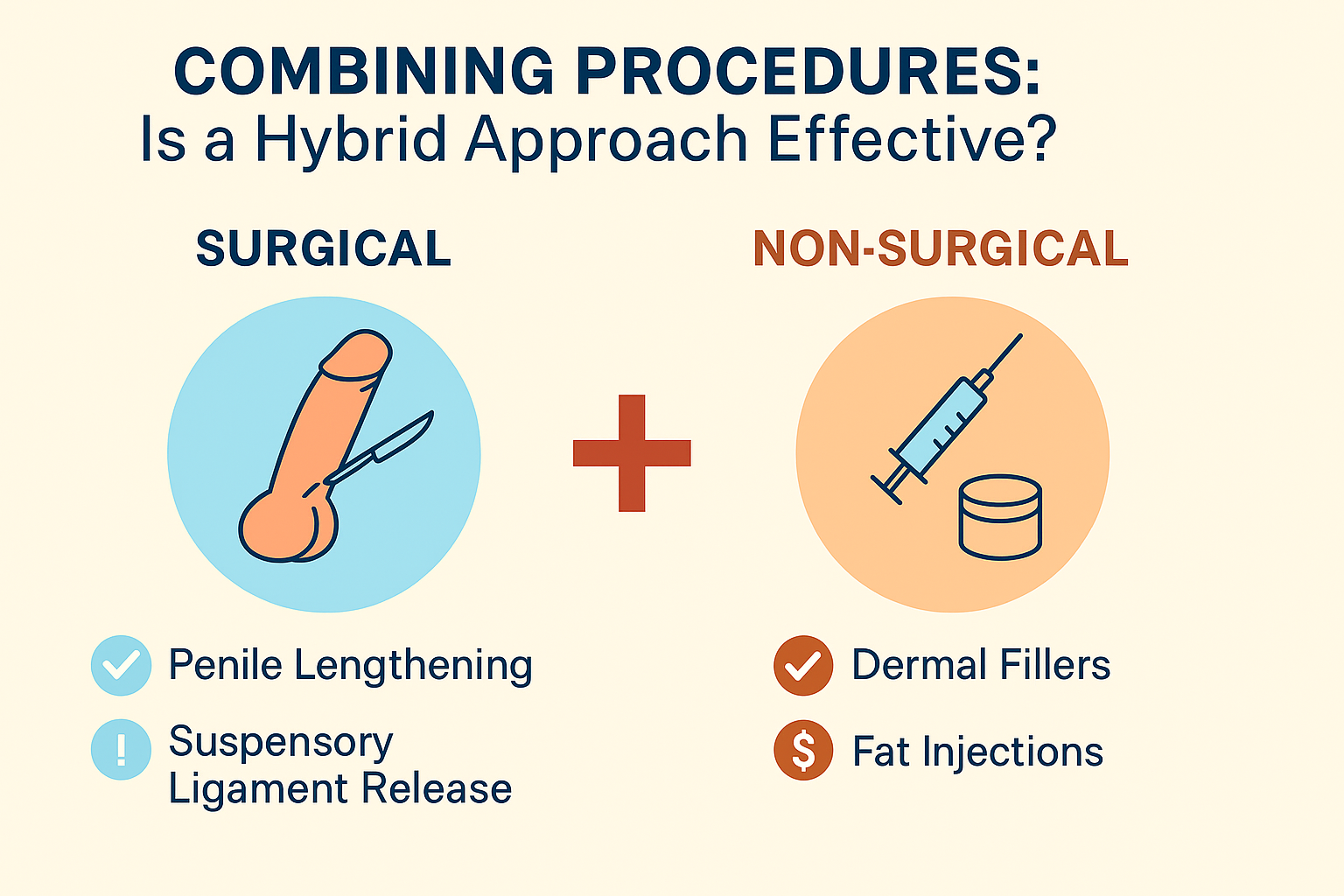 Infographic comparing surgical and non-surgical penis enlargement methods, including penile lengthening, suspensory ligament release, dermal fillers, and fat injections as part of a combined enhancement approach.