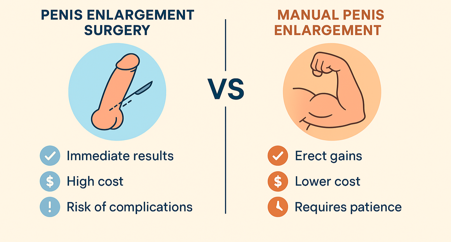 Infographic comparing penis enlargement surgery and manual penis enlargement, showing pros and cons such as immediate results, high cost, and surgical risks versus erect gains, lower cost, and patience required.