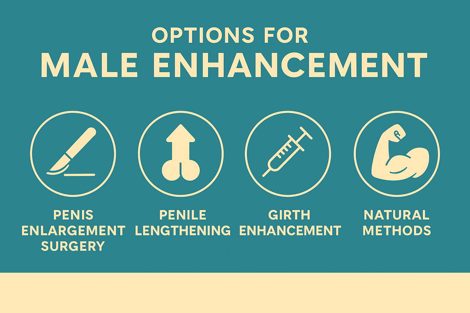 Infographic showing different male enhancement options, including penis enlargement surgery, penile lengthening, girth enhancement, and natural methods, each represented by a simple icon.