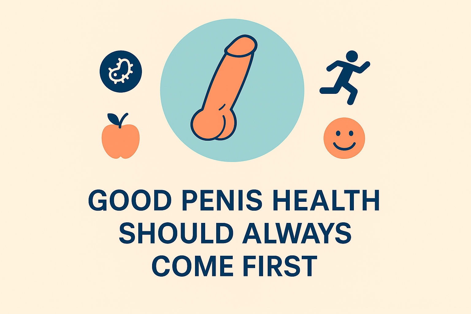 Infographic promoting good penis health as the foundation for male enhancement, with visual icons for hygiene, diet, fitness, and stress reduction, supporting successful penis enlargement and overall sexual wellness.