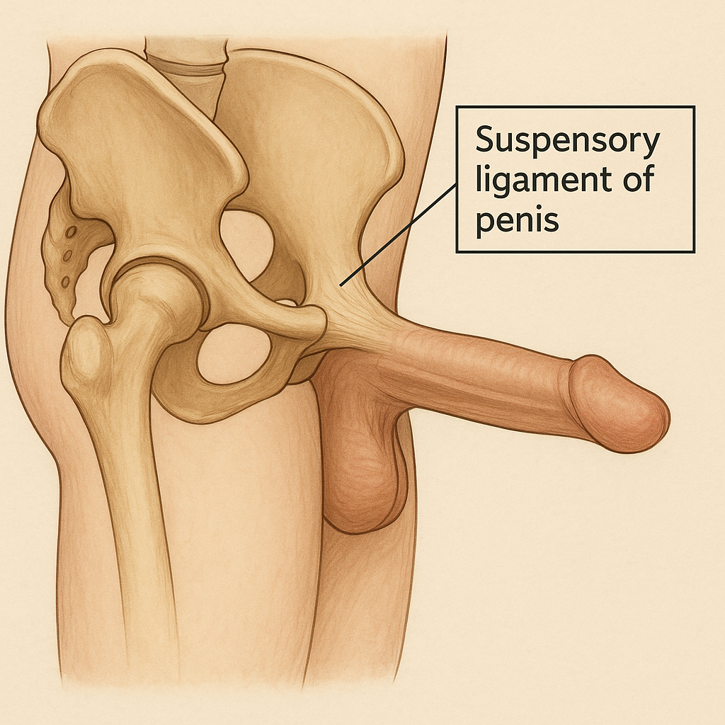 Anatomical illustration of the male pelvis highlighting the suspensory ligament of the penis, a key structure involved in penis enlargement surgery.