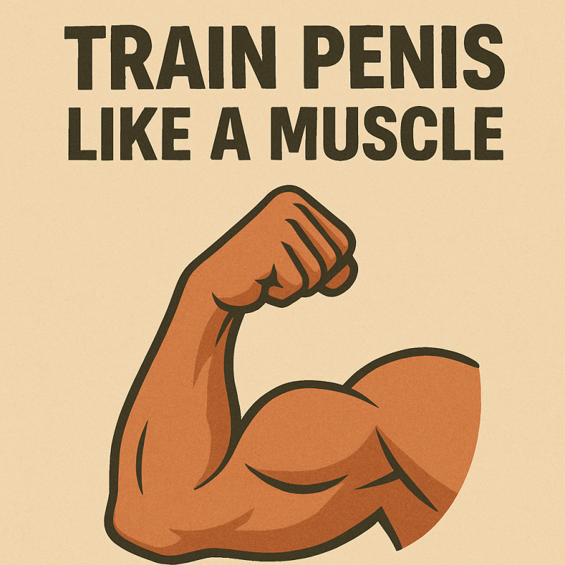 Motivational illustration of a flexed arm with the phrase "Train penis like a muscle," representing how regular manual exercises can gradually increase penis size through consistent tension and training.