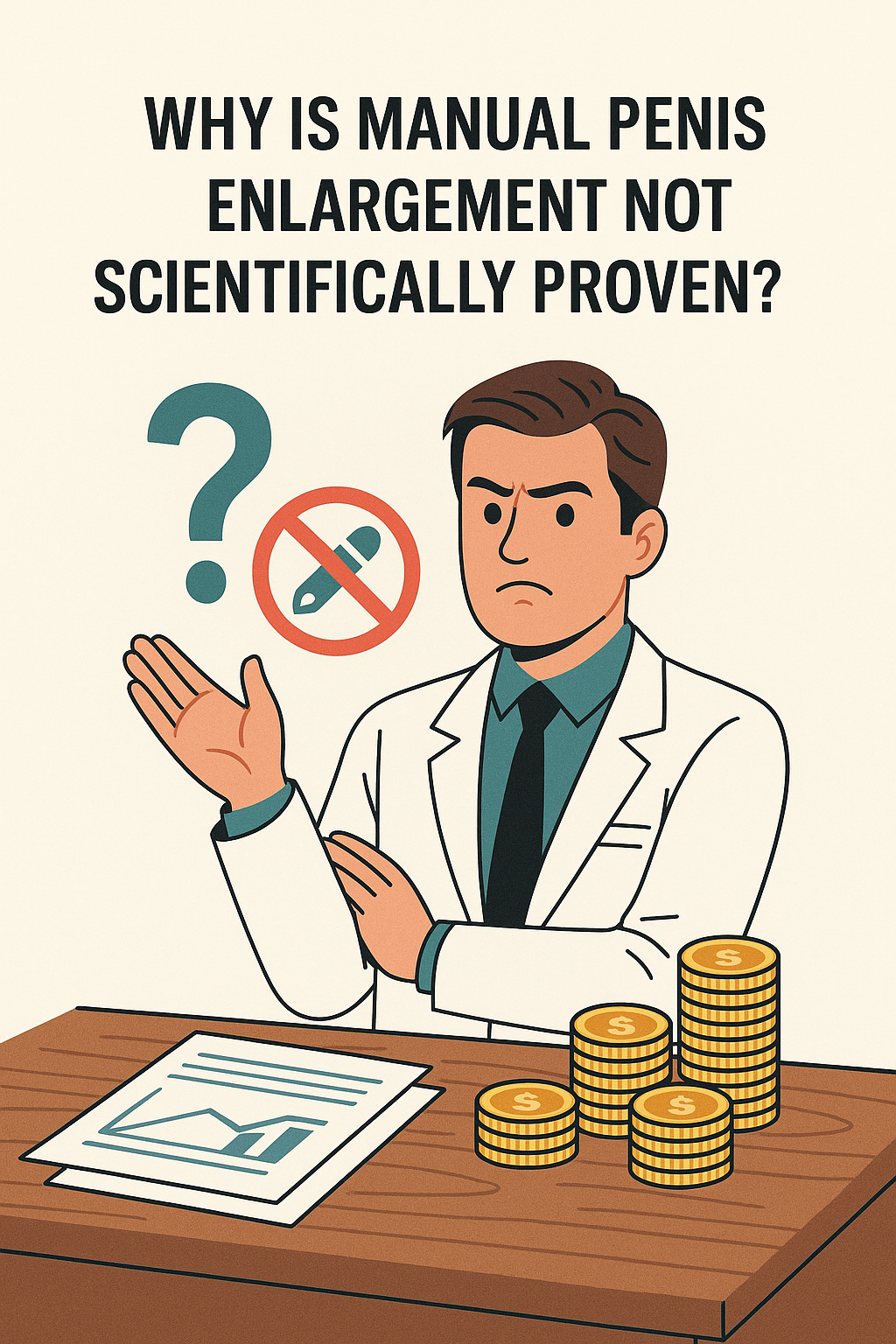 Illustration of a skeptical scientist gesturing with a question mark and a crossed-out syringe symbol, surrounded by coins and research papers, questioning why manual penis enlargement lacks scientific studies.